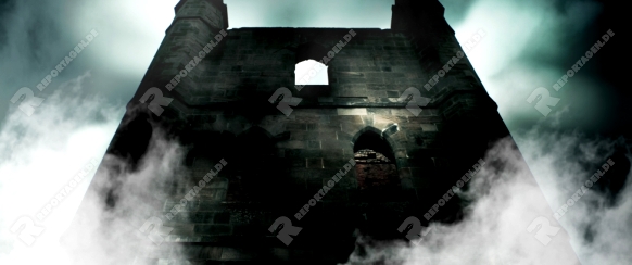 Spooky Is The Chilling Scene During A Horror Full Moon As Mist Rises From The Ruins Of A Old Haunted Castle